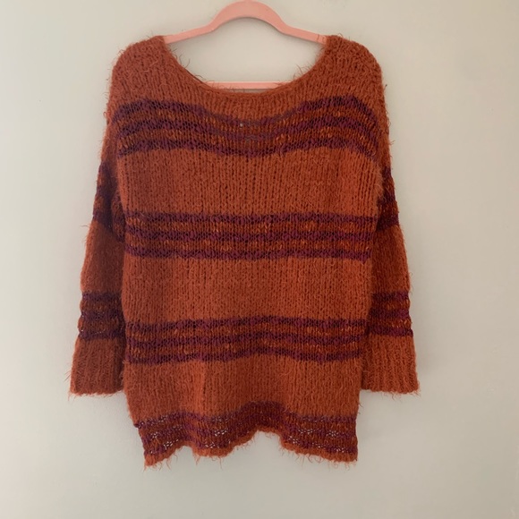 Free People Cotton Wool Blend Rust Stripe V Neck Oversized Fuzzy Sweater S - Picture 3 of 12
